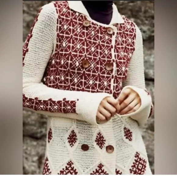 Anthropologie Sparrow Lantern Mile Sweater Long Cardigan Patteren Rare Red Small - Picture 2 of 13